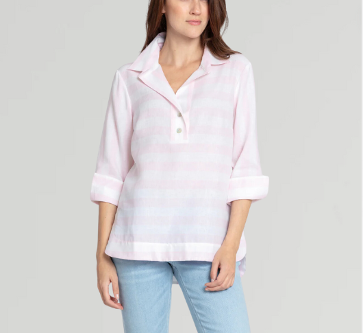 Hinson Wu - Charlotte 3/4 Sleeve Linen Shirt in Pink/White
