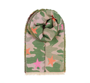 OMBRE LONDON - Green Camo and Multi-Color Star Print Scarf