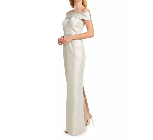 Teri Jon - Off-The-Shoulder Metallic Jacquard Gown in Light Gold Sophia Lustig Teri Jon - Off-The-Shoulder Metallic Jacquard Gown in Light Gold Sophia Lustig