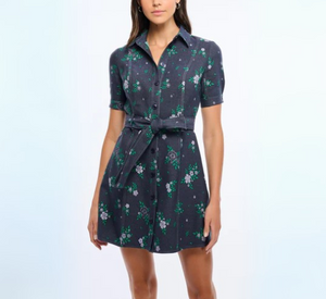 Shoshanna - Archie Short Sleeve Collared Print Mini Dress in Dark Wash and Lilac