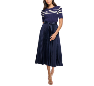 Shoshanna - Kiana Stripe Bodice with Solid Skirt in Navy and Ivory