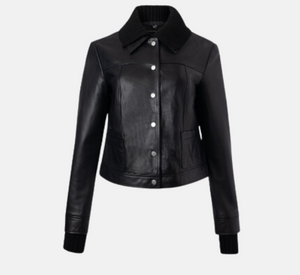 Iris Setlakwe - Leather Jacket with Removable Knit Collar and Cuffs in Black