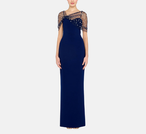 Theia - Louella Asymmetric Pearl Shawl Gown in Navy