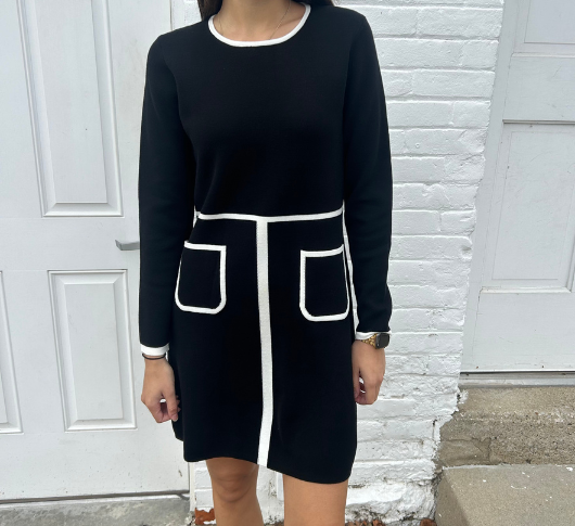 Atelier - Long Sleeve Knit Dress with Front Pockets in Black and White Sophia Lustig Atelier - Long Sleeve Knit Dress with Front Pockets in Black and White Sophia Lustig
