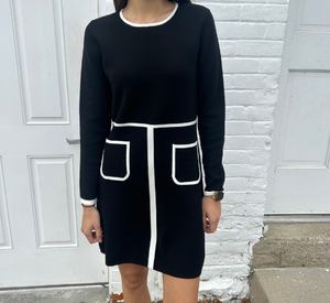 Atelier - Long Sleeve Knit Dress with Front Pockets in Black and White