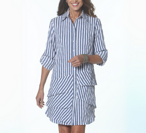 J'ENVIE - Ruffle Stripe Button Down Dress in Indigo and White