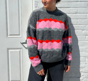 Suncoo - Panayo Wool Blend Wavy Stripe Sweater in Carbon and Pink