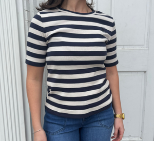 LUISA CERANO - Striped Half-Sleeved Shirt in Navy and Cream