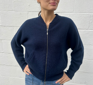 Kinross Cashmere - Honeycomb Zip Bomber Jacket in Navy