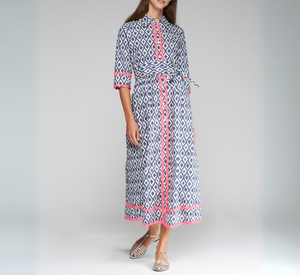 Vilagallo - 3/4 Sleeve Diamond Print Dress with Ric Rac in Navy, Pink, and White