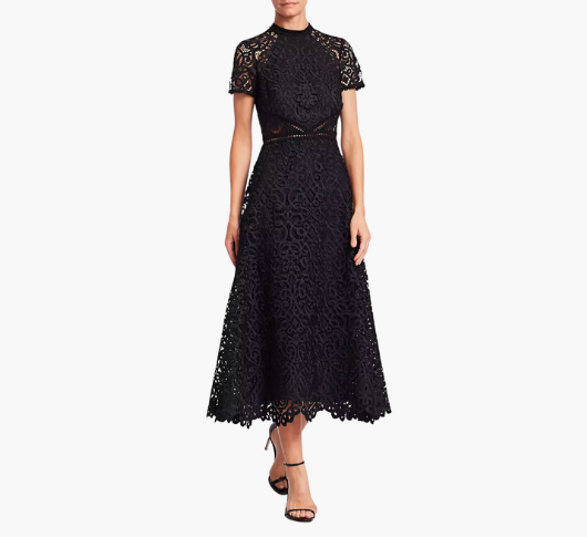 
            
                Load image into Gallery viewer, ML Monique Lhuillier - Lace Overlay Midi Dress in Jet Black
            
        
