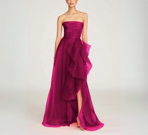 Theia - Teresa Strapless Organza Dress in Sangria