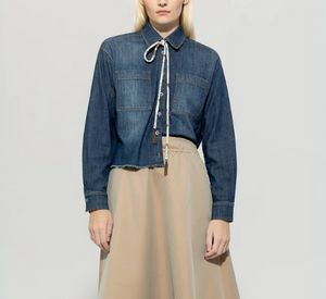 LUISA CERANO - Cropped Denim Raw Hem Blouse in Denim Blue