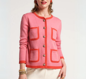 Frances Valentine - Pierre 4 Pocket Cardigan with Contrast Trim in Pink and Orange