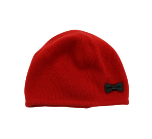 PORTOLANO - Cashmere Beanie with Black Leather Bow in Fire Red