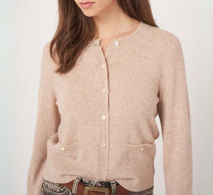 REPEAT Cashmere - Buttoned Cashmere Cardigan with Round Neckline in Sand