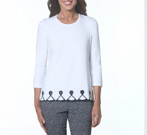 E.L.I - 3/4 Sleeve Embroidered Hem Top in White/Black