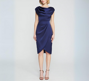 Theia - Ivy Drape Front Bateau Neck Cocktail Dress in Navy