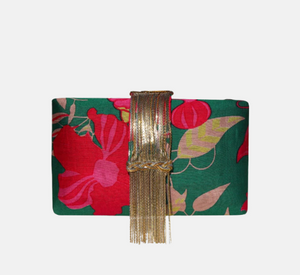 Simitri - Island Floral Fringe Clutch in Green and Fuchsia