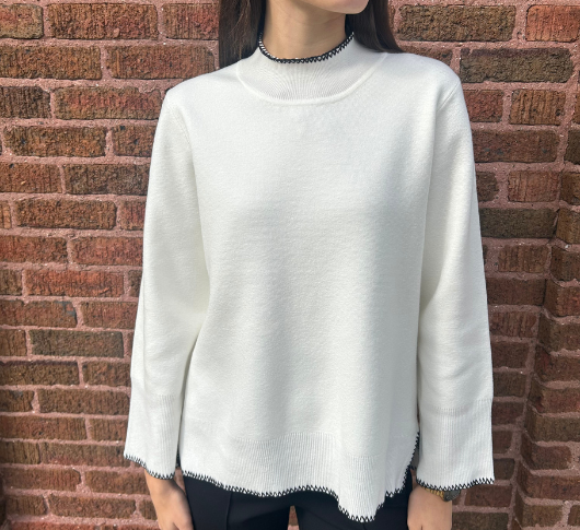 Atelier - High-Low Mock Neck Sweater with Stitched Trim in Snow and Bl ...