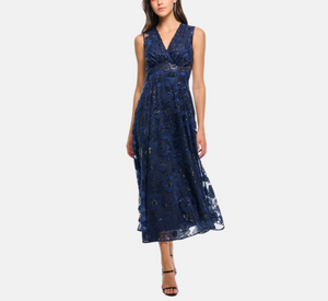 Shoshanna - Elliot Sleeveless V-Neck Dress with Sequin and Lace in Navy