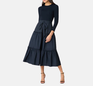 Shoshanna - Magda Long Sleeve Knit Bodice Tiered Dress in Navy