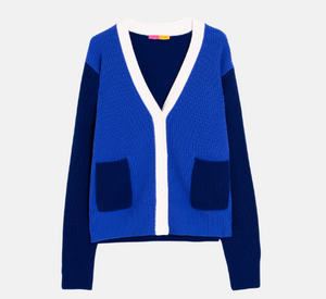 Vilagallo - Patch Pocket V-Neck Colorblock Cardigan in Blue and Navy