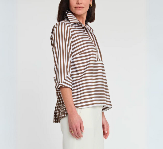 Hinson Wu - Aileen Button-Back Stripe/Gingham Top in Caramel/White