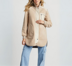 Adroit Atelier - Audrey Faux Shearling Coat with Vegan Leather Trim in Oak and Tan