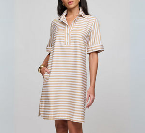 HINSON WU - Aileen Short Sleeve Stripe/Gingham Dress in Latte