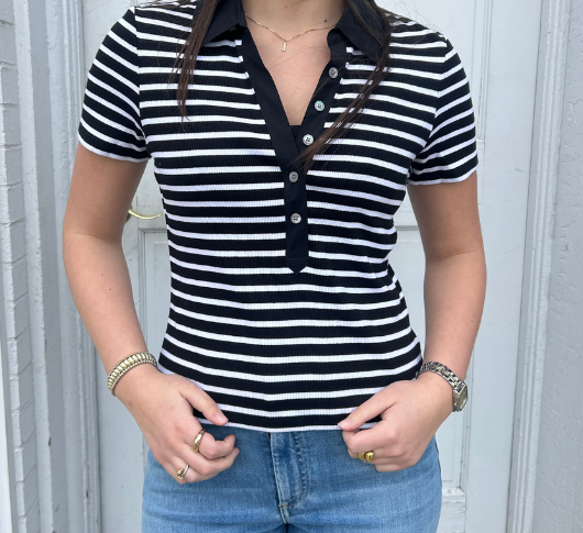 Veronica Beard - Kearney V-Neck Striped Polo Top in Black and White