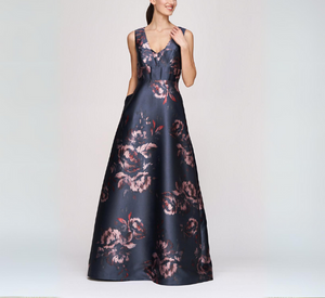 Kay Unger - Sleeveless Floral Print Long Gown in French Navy