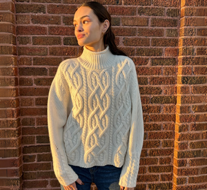 Repeat - Cashmere Crop Cable Knit Mock Neck Sweater in Cream