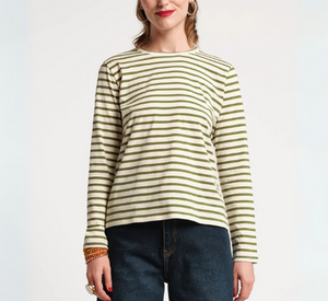 Frances Valentine - Long Sleeve Cotton Stripe Top in Oyster and Green