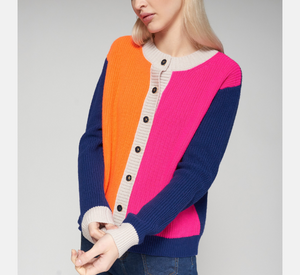 Vilagallo - Colorblock Button Crew Neck Cardigan in Pink, Orange, and Navy