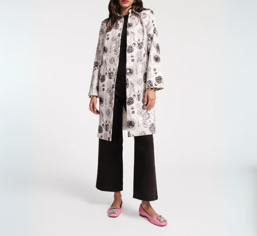 Frances Valentine - Scribble Flower Print Long Jacket in White and Black