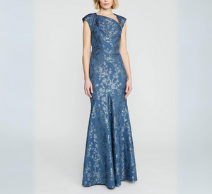 Theia - Beatrice Cap Sleeve Jacquard Floral Fit & Flare Gown in Mercury