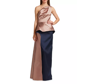 Teri Jon - One Shoulder Two Tone Gazar Peplum Gown in Mauve/Navy