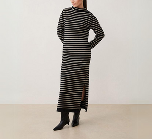 Suncoo - Chadela Striped Turtleneck Knit Sweater Dress in Black and Camel