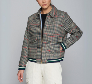 Vilagallo - Houndstooth Zip Baseball Jacket in Navy and Green