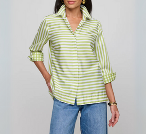 HINSON WU - Xena 3/4 Sleeve Stripe/Gingham Combo top in Lime