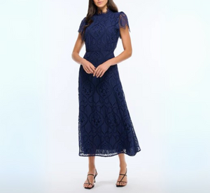 Shoshanna - Norma Short Sleeve Lace Overlay Dress in Navy