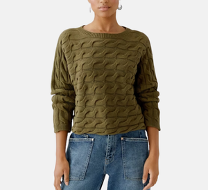 Oui - Cropped Cable Crewneck Sweater in Burnt Olive