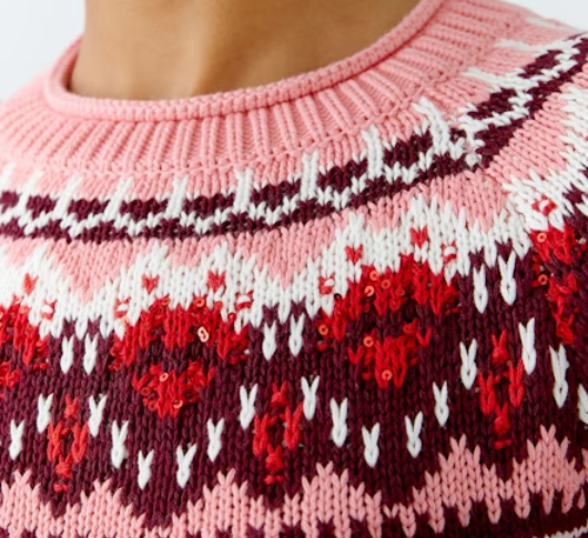 Oui - Fair Isle Sweater with Button Back Detail in Grey and Red