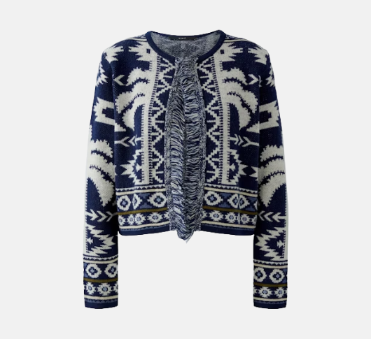 Oui - Fringe Cardigan Sweater in Dark Blue and White