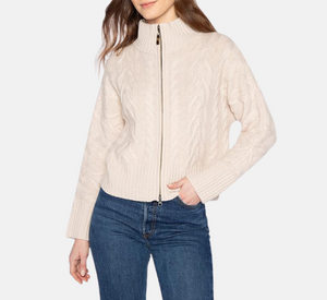 Kinross Cashmere – Cable Zip Cardigan in Canvas