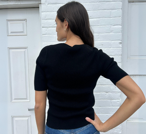 Repeat Cashmere - Short Sleeve Ribbed Cashmere Sweater in Black