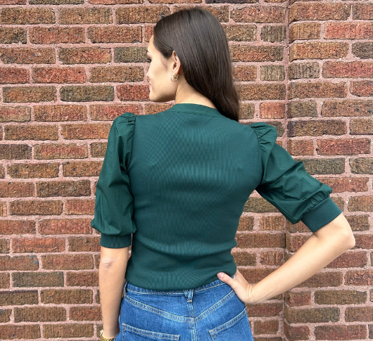 Veronica Beard - Coralee Mix Fabric Puff Sleeve Top in Pine