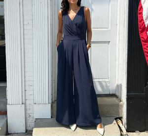Iris - Sleeveless Crisscross Wide Leg Jumpsuit in Navy