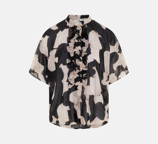 0039 Italy - Daisy Pattern Blouse with Ruffle Front in Black and Cream
